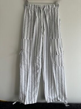 Peru/Ecuador Handmade Cotton Boho Unisex Striped Pants Joggers - White Medium